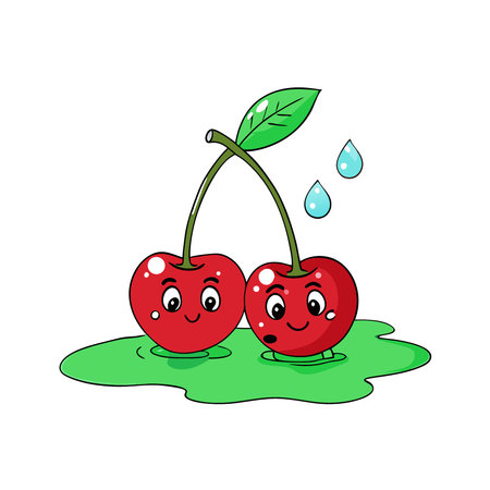 Two Fresh Red Cherries Covered with Water Droplets Growing Together in Natural Environment. AI generated. Vector iconのイラスト素材