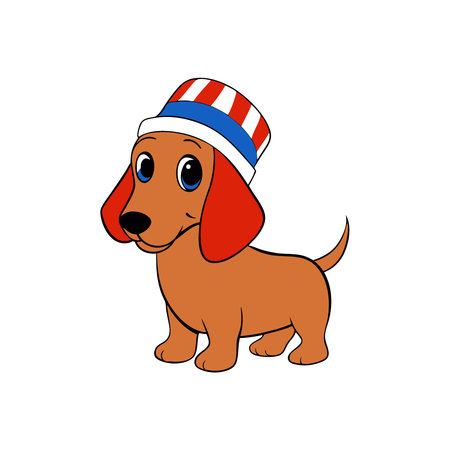 A patriotic purebred Dachshund puppy wearing a red white and blue hat. AI generated. Vector iconのイラスト素材