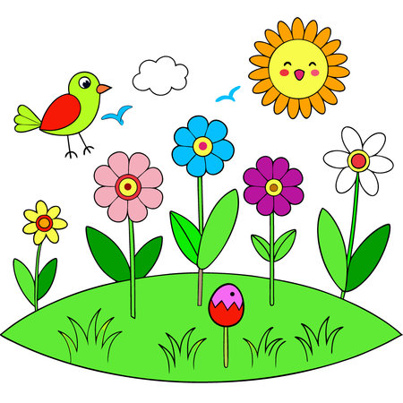 A bright spring scene with colorful flowers green grass and birds chirping under a clear blue sky. AI generated. Vector iconのイラスト素材