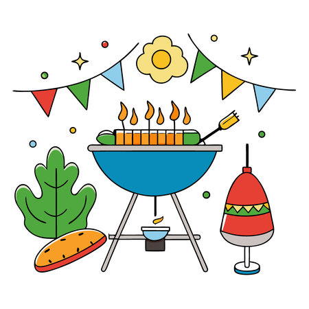 Festive july barbecue scene showcases grilled food. vibrant vegetables and a summer celebration.. AI generated. Vector iconのイラスト素材