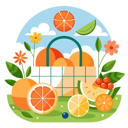 Summer picnic scene with fresh oranges. grapefruit and flowers in June. AI generated. Vector iconのイラスト素材