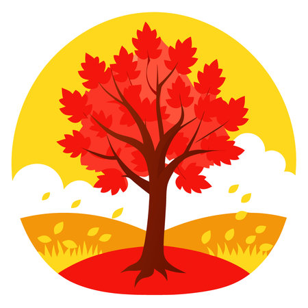 A red maple tree stands in the middle of a field of autumn rapeseed flowers.. AI generated. Vector iconのイラスト素材