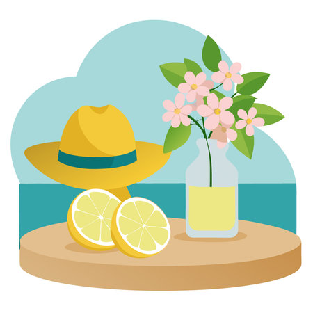 Lemons and Spring Flowers With Straw Hat on Turquoise Wooden Table in Daylight. AI generated. Vector iconのイラスト素材