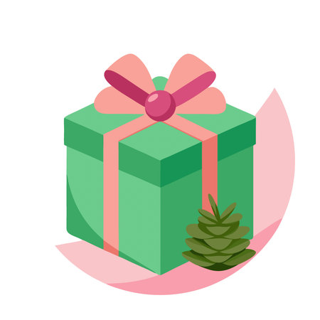 Green gift box wrapped with pink ribbon and pine cone on top on a pink background.. AI generated. Vector iconのイラスト素材