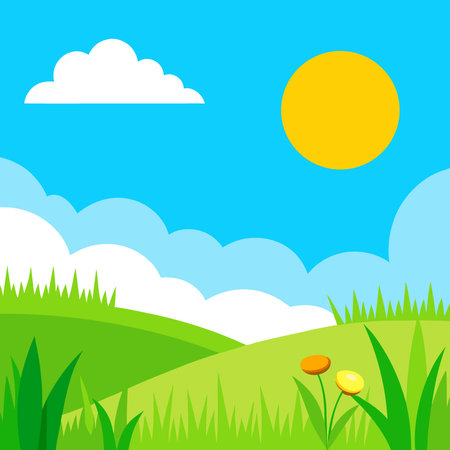 nature background with sunny spring meadow blur background blue sky to green grass. AI generated. Vector iconのイラスト素材