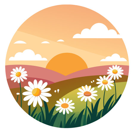 Daisy Meadow at Sunset A Serene Landscape of White Flowers Bathed in Golden Light. AI generated. Vector iconのイラスト素材