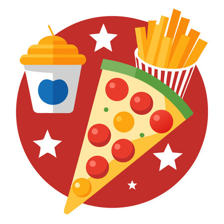 Delicious Pepperoni Pizza with French Fries and Ketchup. Festive Fourth of July Meal. AI generated. Vector iconのイラスト素材