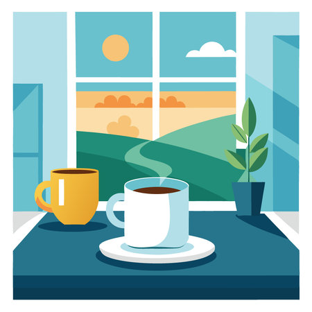 White cup of coffee on table in modern kitchen with morning light. summer breakfast scene. AI generated. Vector iconのイラスト素材
