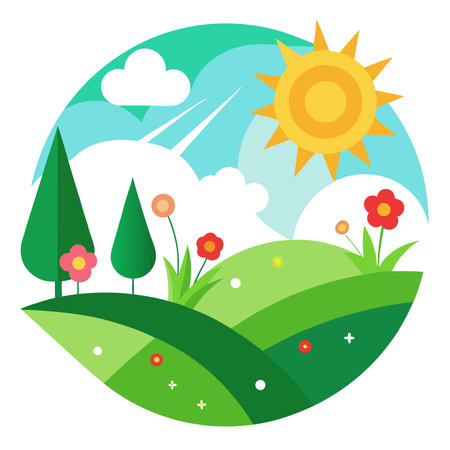 Art abstract sunny spring summer background fresh air weather green grass and flowers. AI generated. Vector iconのイラスト素材