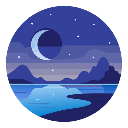 Clear night sky tranquil water reflection at the edge of the beach during twilight hours. AI generated. Vector iconのイラスト素材