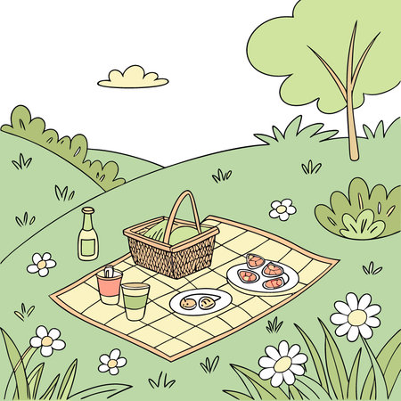 Sunny Day Picnic Blanket in Green Grass with Daisies Summer Meadow Illustration. AI generated. Vector iconのイラスト素材