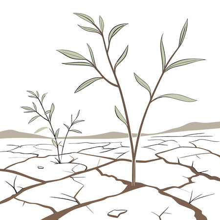 Flax seedlings thrive in cracked dusty ground of the Baltic region in early June. AI generated. Vector iconのイラスト素材