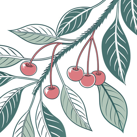 Selective focus on red berries of a sweet cherry branch against. AI generated. Vector icon