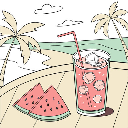 Refreshing summer drink with watermelon and ice in a glass on wooden table beach background. AI generated. Vector iconのイラスト素材