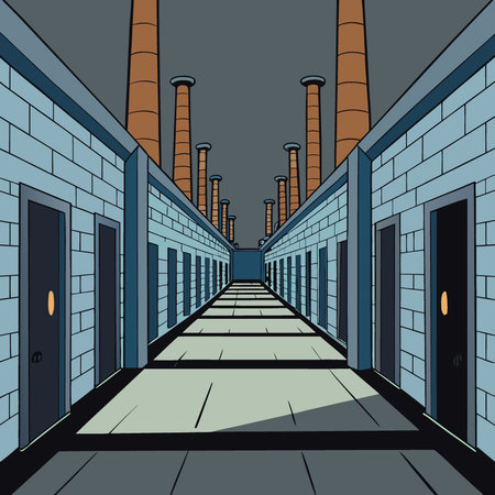 An old factory with dark. empty rooms and hallways. AI generated. Vector iconのイラスト素材
