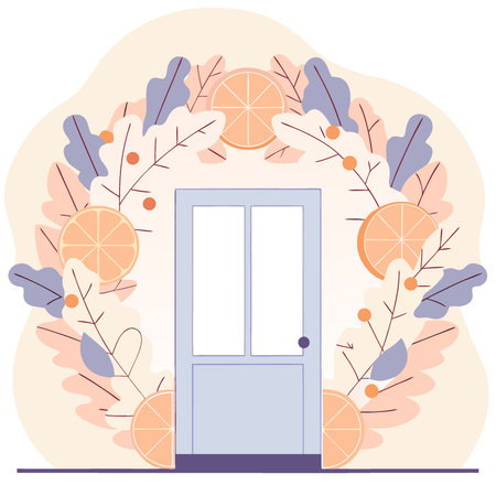 Fall autumn wreath oranges and browns on black door. AI generated. Vector iconのイラスト素材