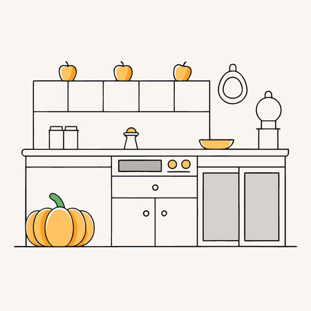 White modern kitchen decorated for fall with orange pumpkins and leaves. AI generated. Vector iconのイラスト素材