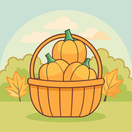 Pumpkins in a basket against a defocused autumn nature background. AI generated. Vector iconのイラスト素材