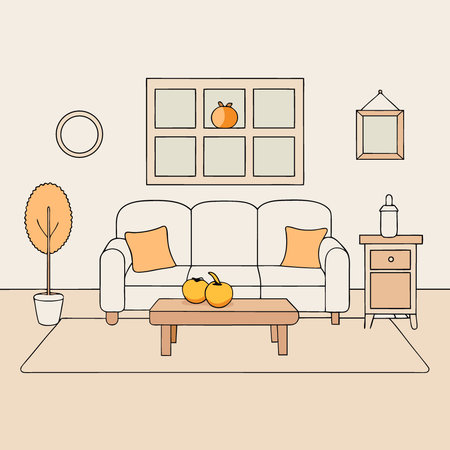 An elegant living room in neutral colors with pumpkin autumn decor. AI generated. Vector iconのイラスト素材
