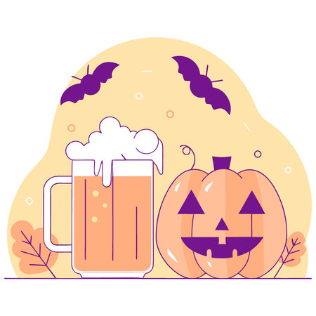Two big glass mugs of beer and pumpkin composition. Octoberfest and Halloween holidays. AI generated. Vector iconのイラスト素材