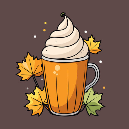Spicy pumpkin latte with whipped cream and cinnamon over dark background with autumn leaves. A. AI generated. Vector iconのイラスト素材