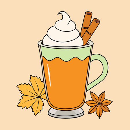 Pumpkin spice latte in a clear glass mug with cinnamon sticks and autumn leaves around. AI generated. Vector iconのイラスト素材