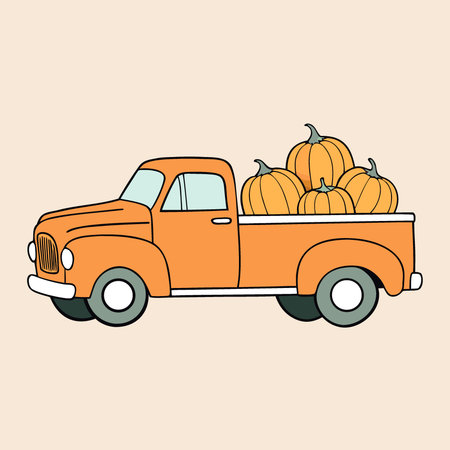 Halloween theme. a vintage pickup truck adorned with a lot of pumpkins and autumn decorations.. AI generated. Vector iconのイラスト素材