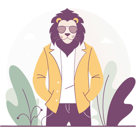 Lion standing. Pose in human clothes wearing orange jacket & shades on a dark background.. AI generated. Vector iconのイラスト素材