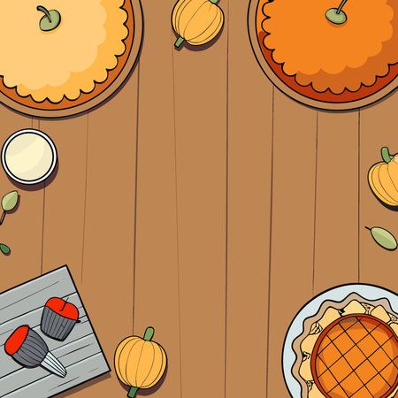 Thanksgiving background. Top view black wood table decor from apple and pumpkin pie. cinnamon.. AI generated. Vector iconのイラスト素材