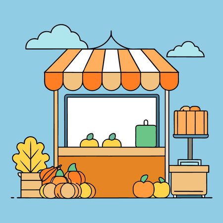 Vibrant Autumn Farmers Market Display with Fresh Produce and Interactive Digital Signage - Ideal. AI generated. Vector iconのイラスト素材