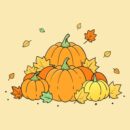 A beautiful autumn scene with a colorful pile of pumpkins surrounded by fallen leaves and a warm.. AI generated. Vector iconのイラスト素材