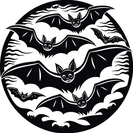 Black bats flying black orange background halloween. AI generated. Vector iconのイラスト素材