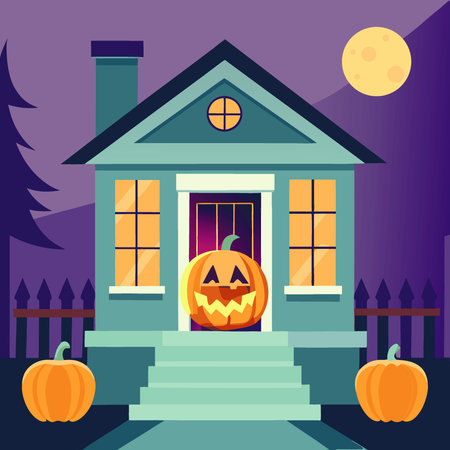 Halloween Jack o Lantern on the Front Porch of a House. AI generated. Vector iconのイラスト素材