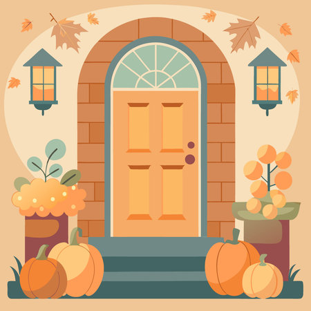 Autumn decorated house entrance with pumpkins and flowers.. AI generated. Vector iconのイラスト素材
