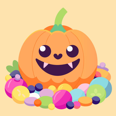 Smiling halloween pumpkin toy lying on colorful sweets. AI generated. Vector iconのイラスト素材