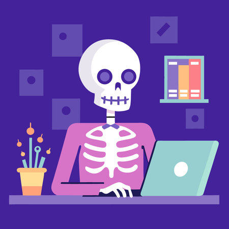 A skeleton using his laptop in the office - halloween work. AI generated. Vector iconのイラスト素材