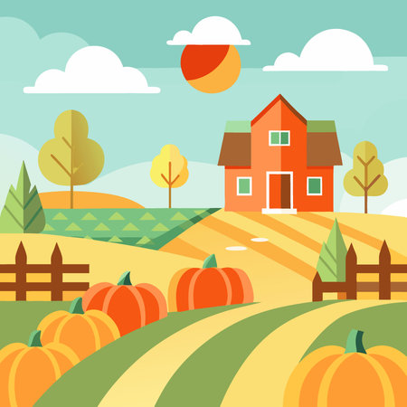 Pumpkin patch farm with a farmhouse. pumpkins. and corn maze. AI generated. Vector iconのイラスト素材