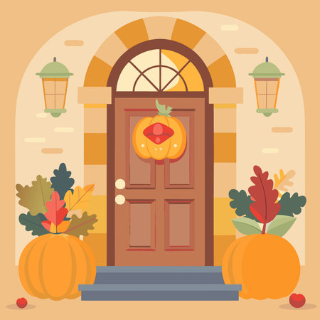 Autumn themed entrance. front door with pumpkins and wreathe. AI generated. Vector iconのイラスト素材