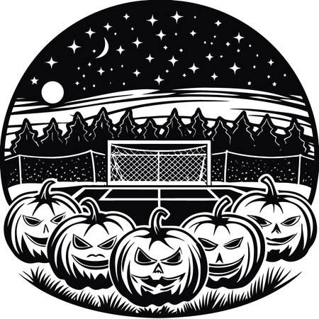 Halloween pumpkins illuminate a misty soccer field at night. AI generated. Vector iconのイラスト素材