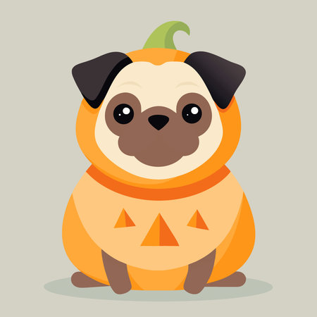 Pug dressed in a jack pumpkin lantern costume sits on a floor. AI generated. Vector iconのイラスト素材