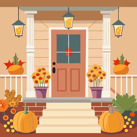 Front porch with autumn fall decor. pumpkins. flower.. AI generated. Vector iconのイラスト素材