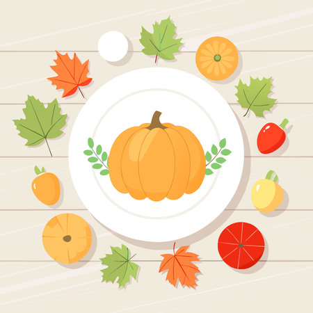 Thanksgiving background. Top view white wood table. AI generated. Vector iconのイラスト素材