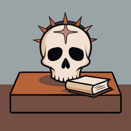 Skull with Crown of Thorns and Antique Book on Wooden Table. AI generated. Vector iconのイラスト素材