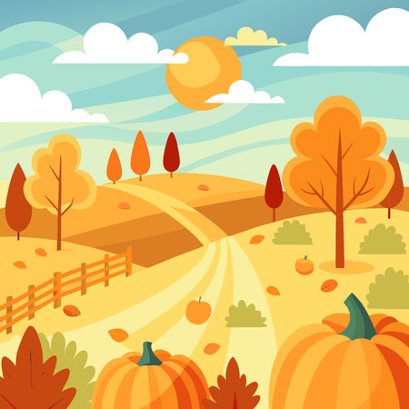Pumpkin patch on sunny Autumn day. Beautiful fall scene.. AI generated. Vector iconのイラスト素材