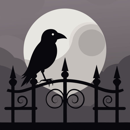 Black Crow Perched on Ornate Wrought Iron Fence in Foggy Moonlight. AI generated. Vector iconのイラスト素材