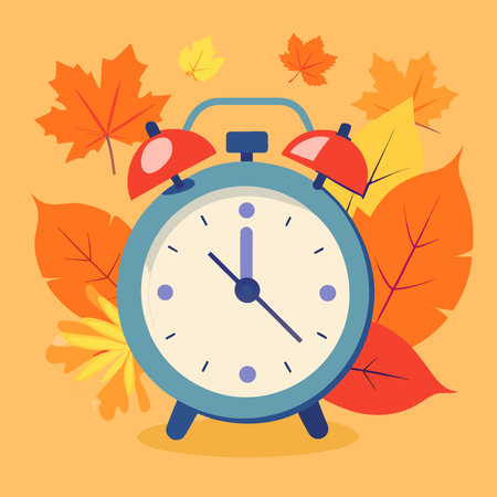 Halloween Daylight Saving Time with Alarm Clock and Autumn Leaves. AI generated. Vector iconのイラスト素材