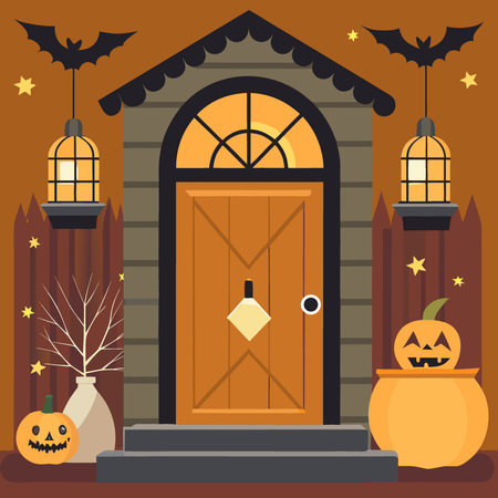 Front door of wooden farmhouse with Halloween themed decorations. AI generated. Vector iconのイラスト素材