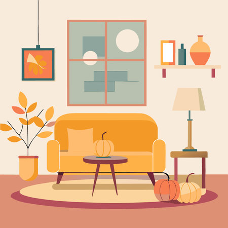A modern fall-palette living room interior with autumn pumpkin decor. AI generated. Vector iconのイラスト素材