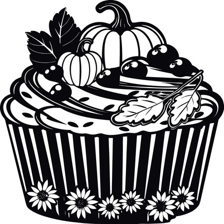 Autumn-themed cupcake with colorful fall decorations and pumpkin toppers. AI generated. Vector iconのイラスト素材
