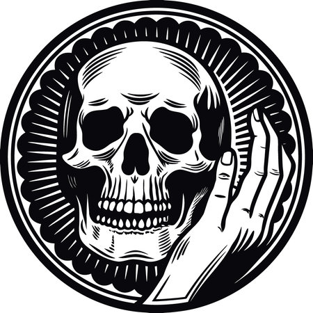 Real skull held in isolated black background while hand touches it. AI generated. Vector iconのイラスト素材